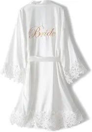 Women's Lace Trim Bride Kimono Robes with Embroidery Bridal Satin Bathrobe